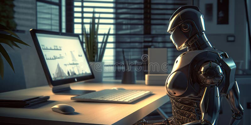Productive Android At Work On Computer In Modern Office Interior Productive Android At Work On Computer In Modern Office Interior