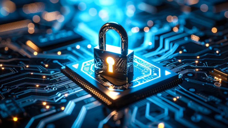 Shining Padlock on Circuit Board Symbolizing Cybersecurity, Data Protection on Digital Network Infrastructure with Circuitry vector illustration