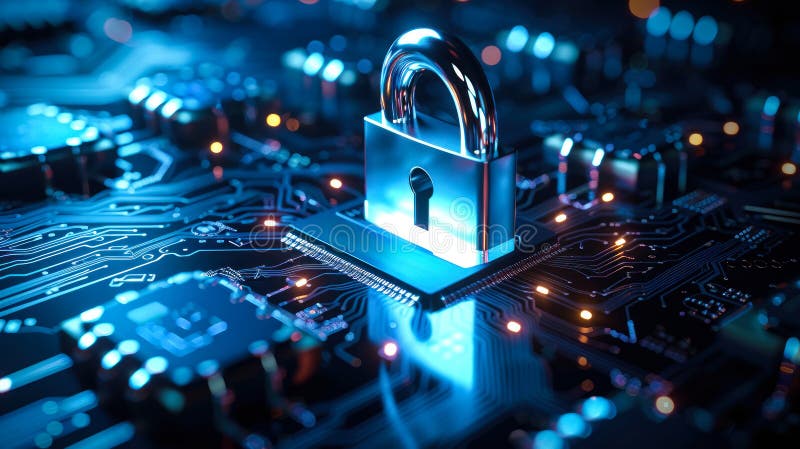 Shining Padlock on Circuit Board Symbolizing Cybersecurity, Data Protection on Digital Network Infrastructure with Circuitry vector illustration