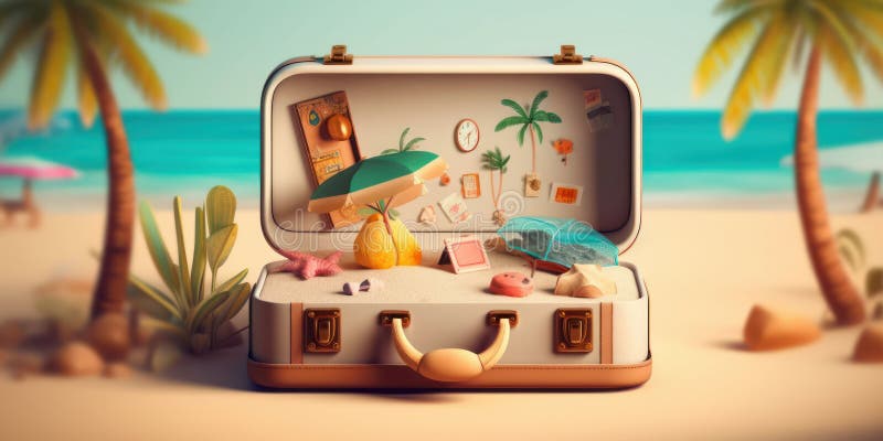 Vacation travel time banner open travel suitcase with exotic destination inside with copy space area. Generative AI royalty free illustration