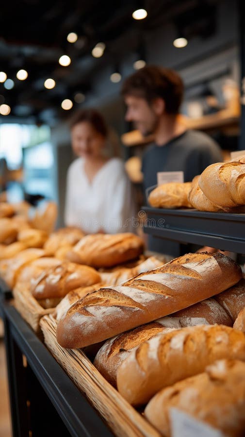 Fresh Artisan Bread Loaves on Display in Modern Bakery stock illustration