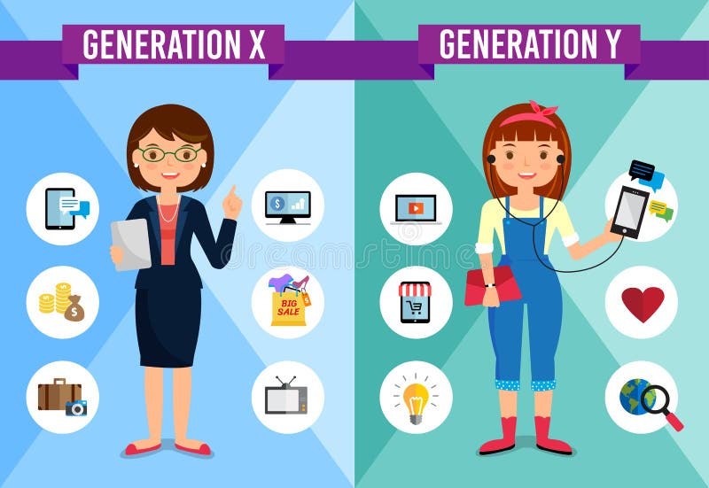 Generatie X, Generatie Y - beeldverhaalkarakter royalty-vrije illustratie Generatie X, Generatie Y - beeldverhaalkarakter royalty-vrije illustratie