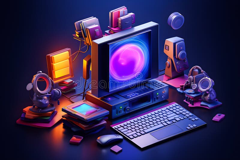 3D rendering of a real gamer's desk: Computer laptop smartphone headphones printer, game console, floppy disk, video card, generative ai. 3D rendering of a real gamer's desk: Computer laptop smartphone headphones printer, game console, floppy disk, video card, generative ai