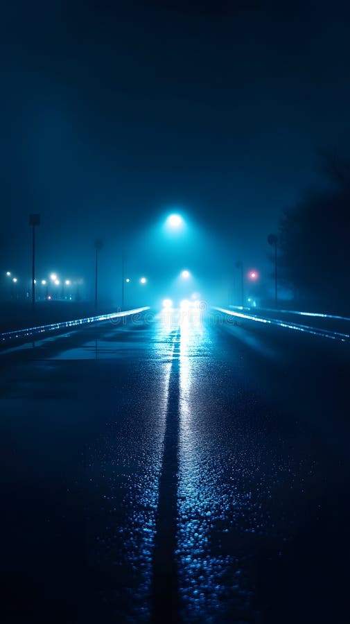 Generation AI Moody Night Road in Blue Lighting with Car Headlights on Wet Pavement concept. obrazy stock
