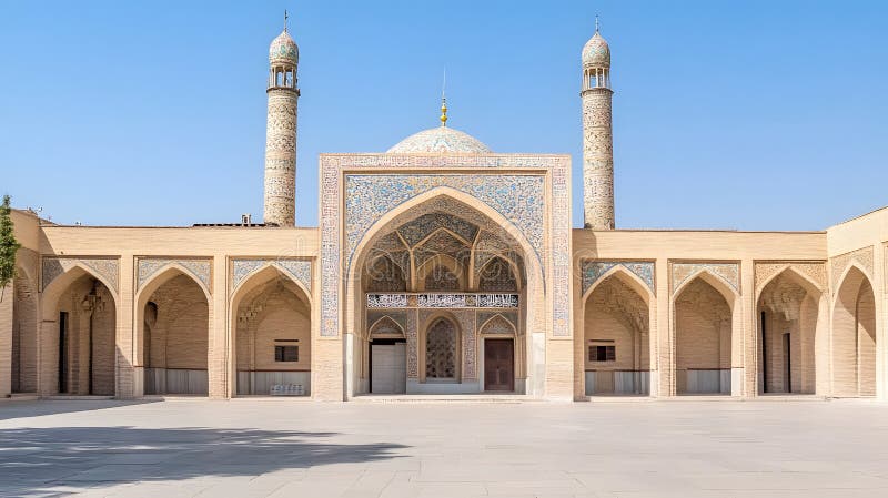 Generativ AI Asoning Traditional Mosque Courtyard cu plăci complicate și minarete gemene sub cerul albastru deschis, dar stock illustration
