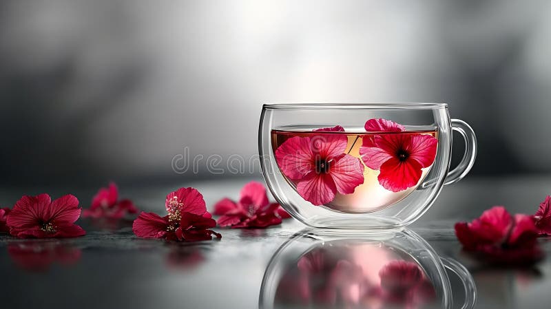 Generativ ai hibiscus-te i grå bakgrunds glaskopp, näring av affärskoncept. stock illustrationer
