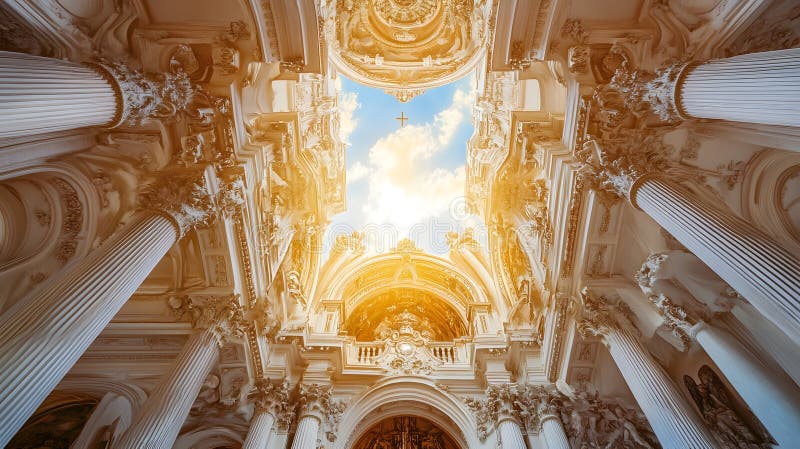 Generativ AI Intricate Baroque-katedral med Golden Sunlit Details och Majestic Architectural Grandeur b royaltyfri illustrationer