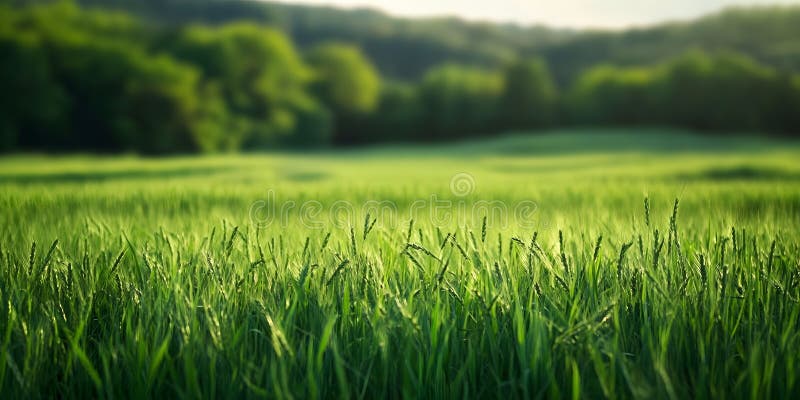 Generativ AI Lush Green Field cu Dense Forest Backdrop Under Soft Natural Light Concept. royalty free illustration