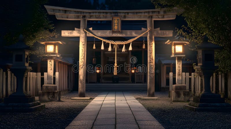 Generativ AI Mistic Japonez Temple Entry Illuminated by Soft Lantern Light concept business. royalty free illustration
