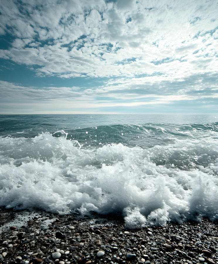Generativ AI Ocean Waves Crashing on Pebble Beach Under Cloudy Skies Capturing Coast Beauty and Serenity businus stock illustration