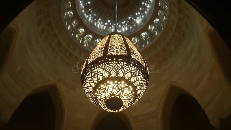 Generativ AI Ornate Islamic Chandelier Ljusmatur affärskoncept med stort katedral. royaltyfri illustrationer