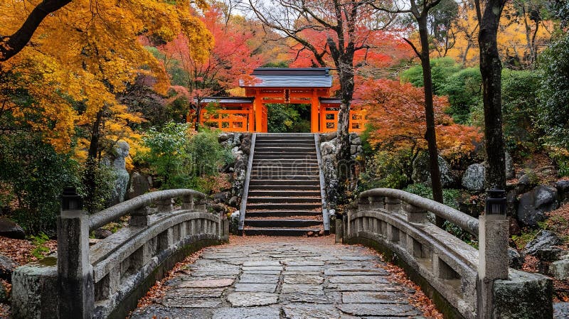 Generativ AI Pictureque Japonez Temple Under Vibrant Autumn Tree pe un concept de afaceri Stone Bridge Walkway. vector illustration