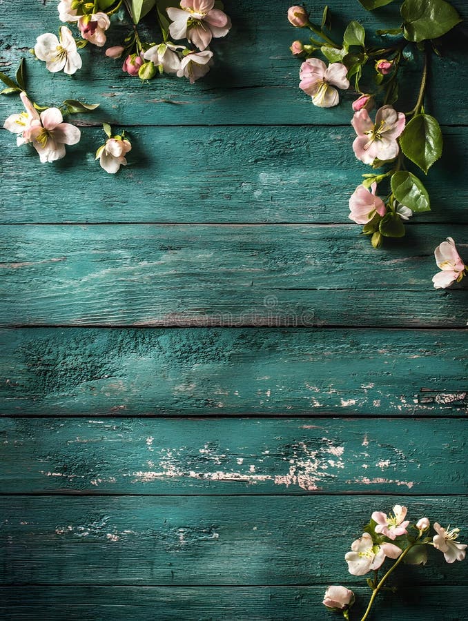 Generativ AI Rustic Teal Wood Surface cu Soft Pink Apple Blossoms Beautiful Spring Floral Background business royalty free stock photography