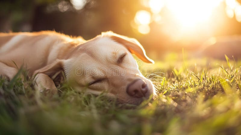 Generativ AI Sleep Dog Relaxing on Green Grass Under the Soft Glow of the Setup Sun Business. vector illustration