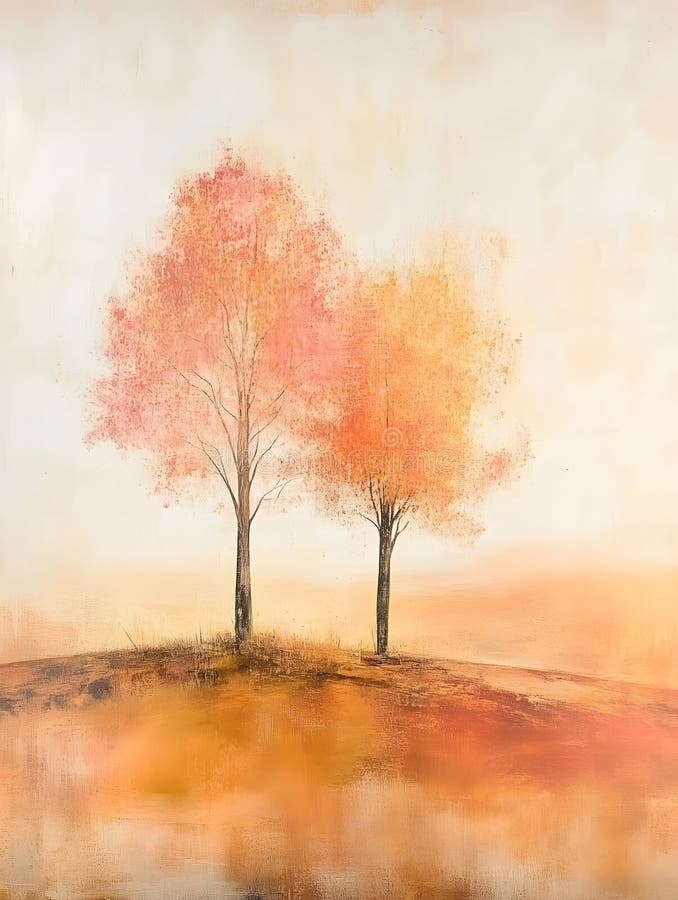 Generativ AI Two Autumn Tree with Artistic Orange Leaf Under Muted Sky Business Concept. royalty free illustration