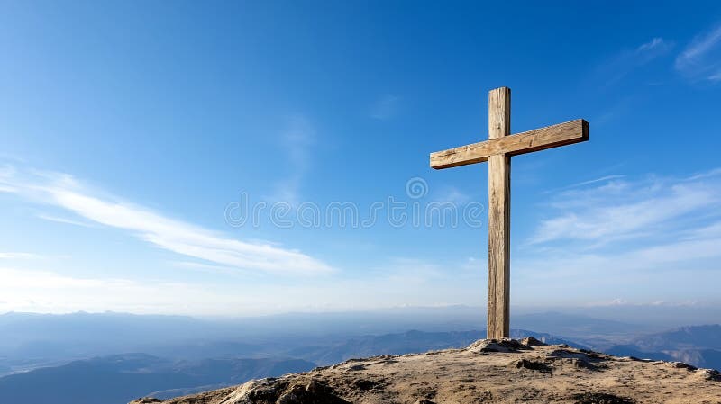 Generativ AI Wood Cross pe un vârf de munte sub conceptul de afaceri Bright Blue Sky care simbolizează credința. royalty free illustration