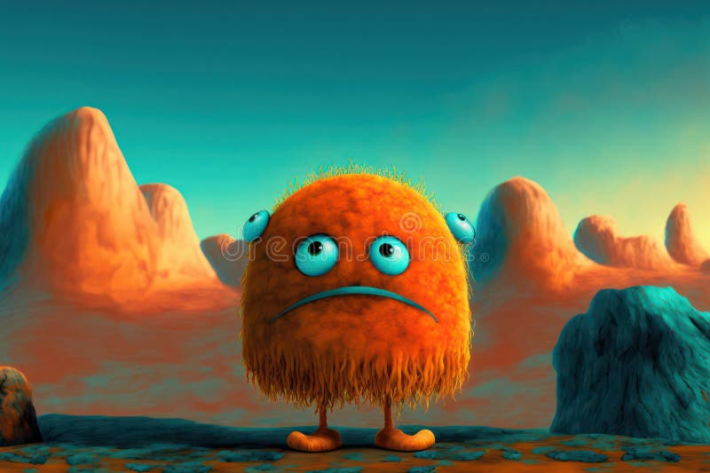 Generative AI illustration of cute little alien abandoned on lonely planet with desert landscape. Generative AI illustration of cute little alien abandoned on lonely planet with desert landscape