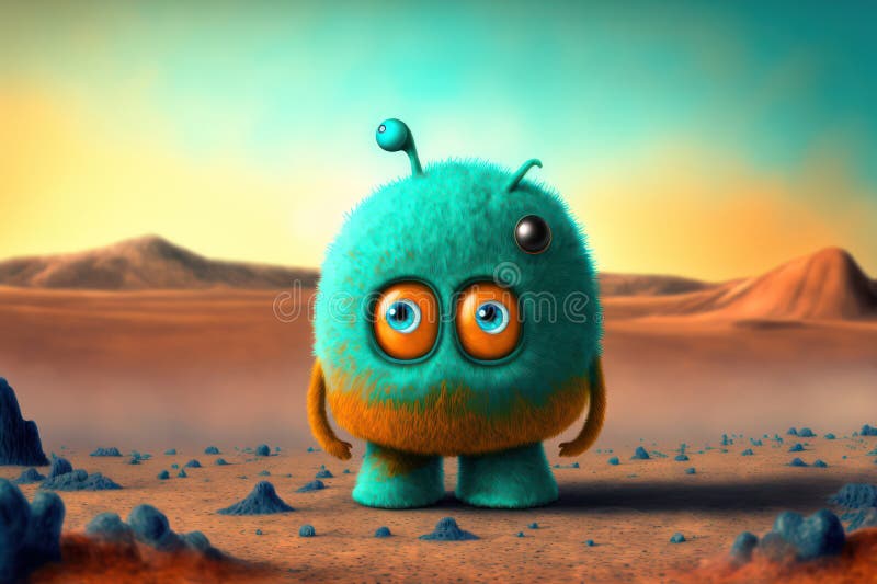 Generative AI illustration of cute little alien abandoned on lonely planet with desert landscape. Generative AI illustration of cute little alien abandoned on lonely planet with desert landscape