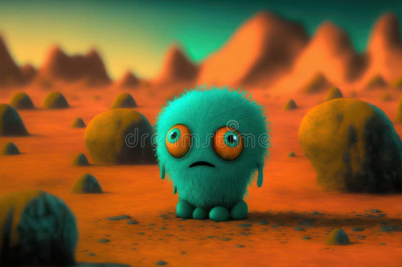 Generative AI illustration of cute little alien abandoned on lonely planet with desert landscape. Generative AI illustration of cute little alien abandoned on lonely planet with desert landscape