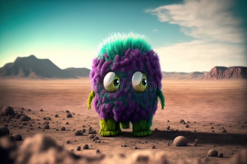 Generative AI illustration of cute little alien abandoned on lonely planet with desert landscape. Generative AI illustration of cute little alien abandoned on lonely planet with desert landscape