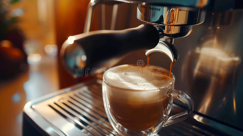 Generativ kaffebryggare och kopp kaffe med skum nära processen att producera kaffe i kaffebryggaren vektor illustrationer