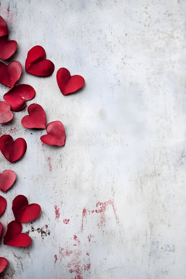 Generativa AI-minimalistic Red Heart Paper Cutouts som arrangerats på Rustic Textured Background for Creative Valentines fotografering för bildbyråer