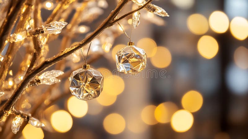 Generativa AI-prylstal-prydnadsföremål på julträdföringen med bokeh Lights-affärskoncept för bakgrunden. stock illustrationer