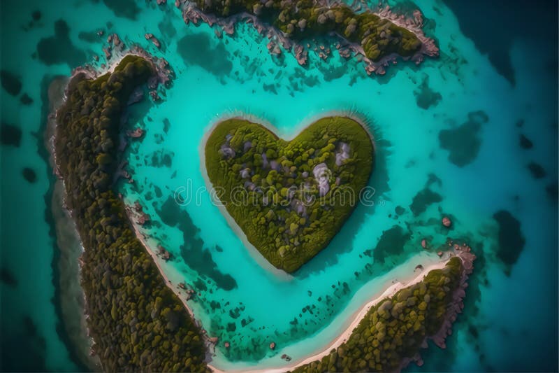Generative AI Aerial View of Heartshaped Island, Idyllic Stock