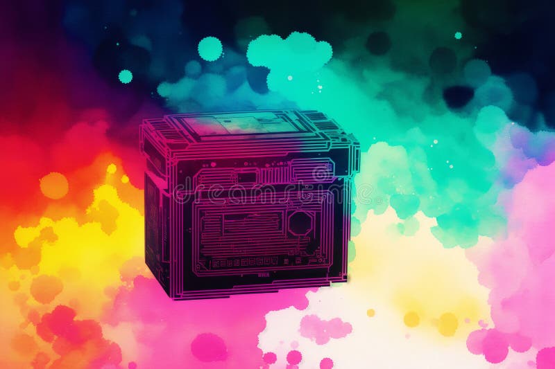 Computer Parts, Processor and Microcircuit on Colorful Watercolor