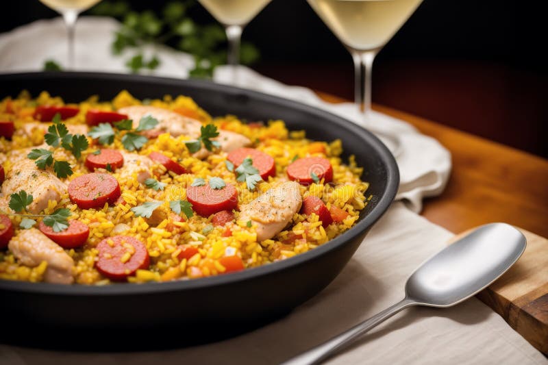 Paella, Spanish Dish Made with Rice, Chicken and Vegetables, Served in