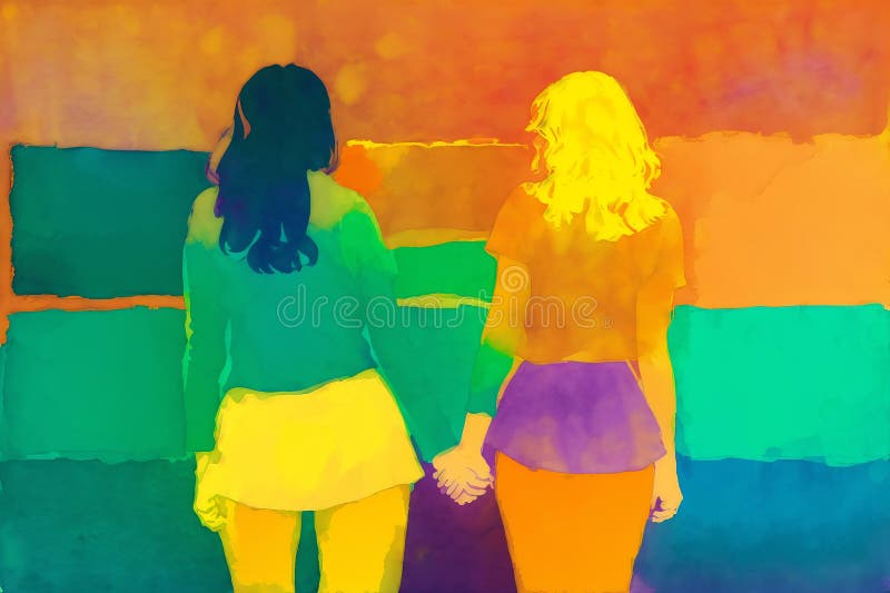 Pride Month An Illustration Of Two Women Holding Hands Lesbian Couple Spending Time Together