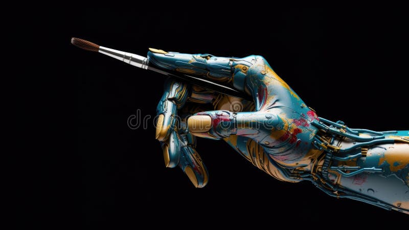 Generative AI art technology concept, robot painting picture in studio. Generative AI image. AI generated