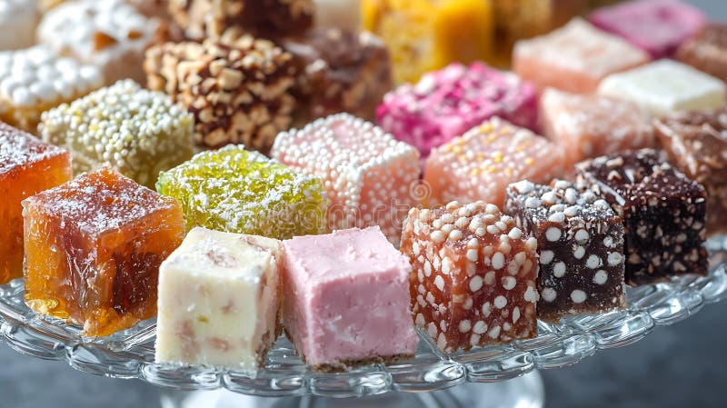 Generative AI Assorted Turkish delights on glass cake stand bowl Grey background Close up Top view business concep stock illustration