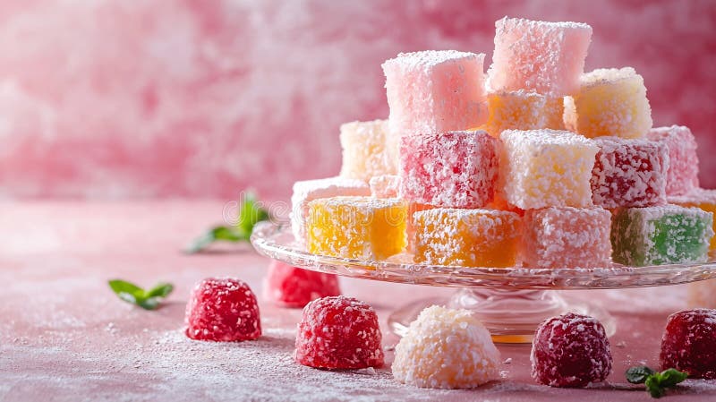 Generative AI Assorted Turkish delights on glass cake stand Pink background Close up business concept. stock illustration