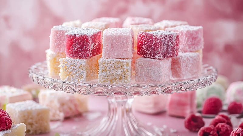 Generative AI Assorted Turkish delights on glass cake stand Pink background Copy space Top view business concept. stock illustration