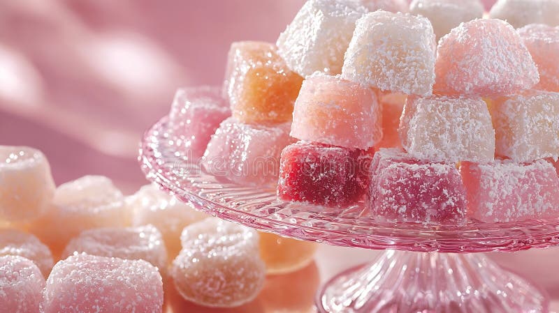 Generative AI Assorted Turkish delights on glass cake stand Pink background Copy space Top view business concept. royalty free illustration