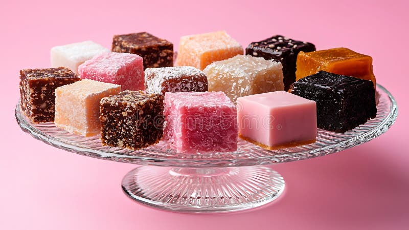 Generative AI Assorted Turkish delights on glass cake stand Pink background Copy space Top view business concept. royalty free illustration