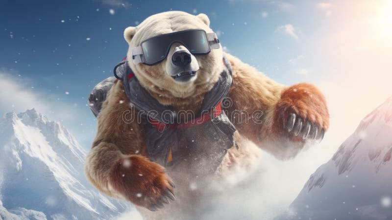 Generative AI. A bear in a ski suit and goggles protective mask is snowboarding or skiing at a ski resort. A creative