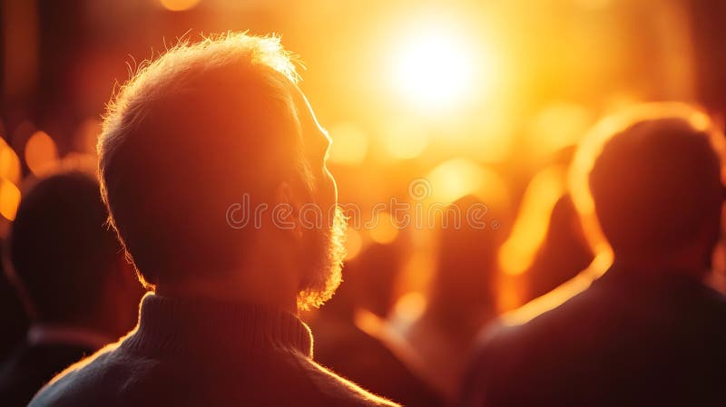Generative AI Blissful Reflection of a Man Under Glowing Sunset in a Crowd business concept. royalty free stock image