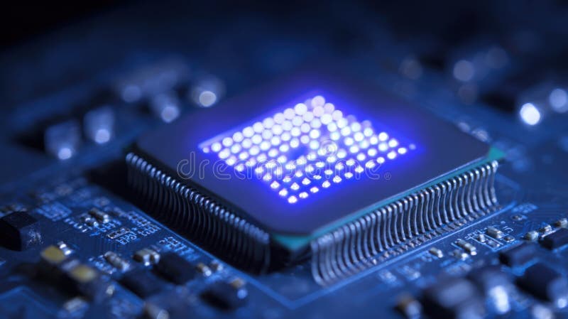 Generative AI Blue Lit Microchip on Circuit Board Illustrating Technology Data Processing and Computing Power busi royalty free illustration
