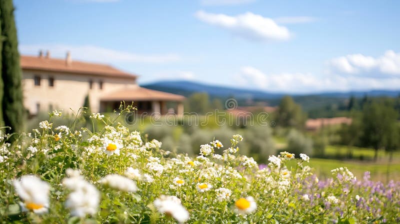 Generative AI Charming View of a Villa Around by Fields and Flowers Under a Bright Sky Business concept. royalty free illustration