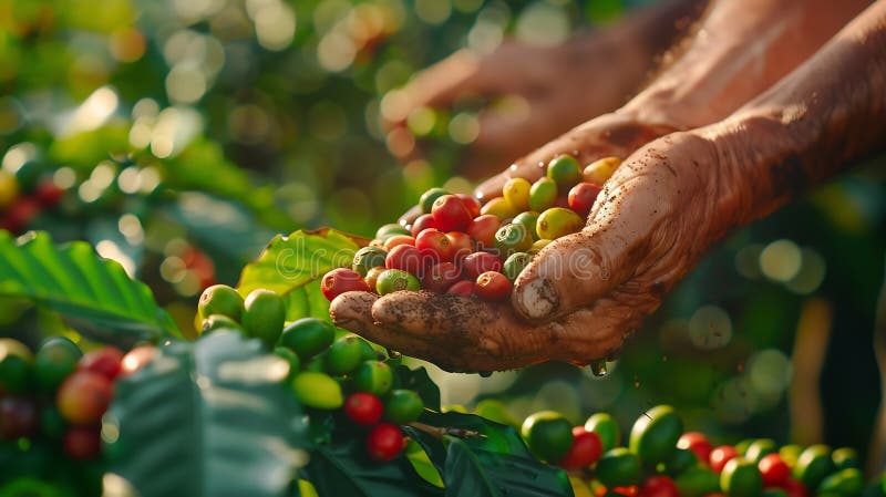 Producătorii de cafea generoasă cultivă boabe de cafea cu fructe de fermă cu fructe de pădure arabă cu mâinile agricole dar stock illustration