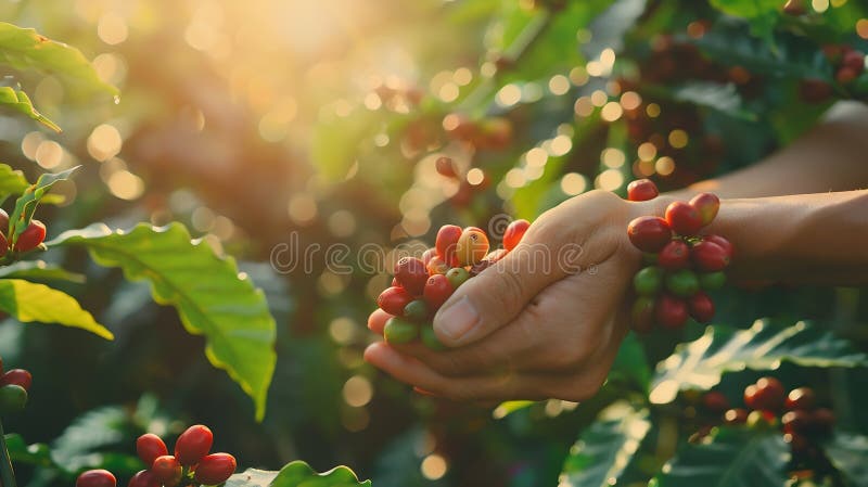 Producătorii de cafea generoasă cultivă boabe de cafea cu fructe de fermă cu fructe de pădure arabă cu mâinile agricole dar stock illustration
