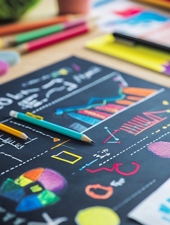 Generative AI Colorful Charts and Graphs Displayed on Black Paper with Colored Pencils and Stationery business con royalty free illustration