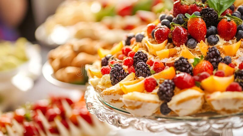 Generative AI : Colorful Fruit and Pastry Display on a Glass Serving Platter business concept.