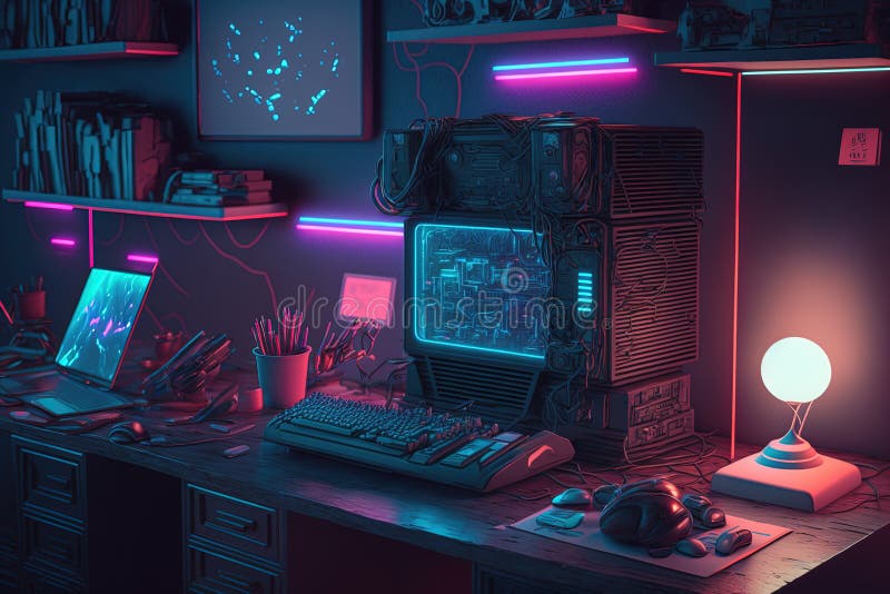 Generative AI, Computer on the Table in Cyberpunk Style, Nostalgic 80s ...