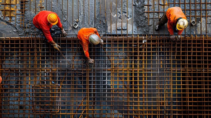 Generative AI Construction workers during installation of steel gratings for the foundation of a building in the c stock illustration