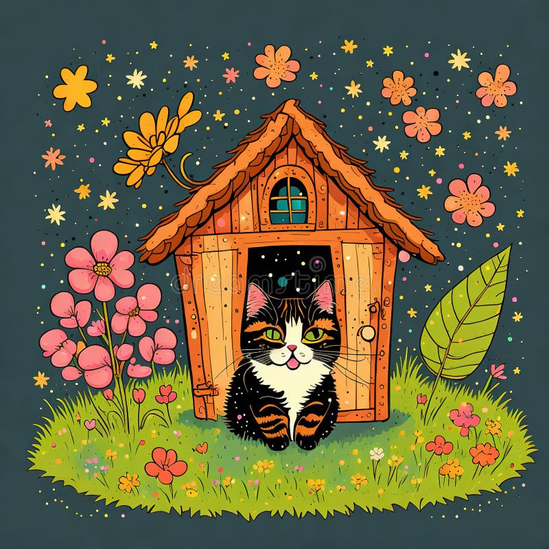 Generative AI, Cute kitten and cat house in children's hand drawing style .