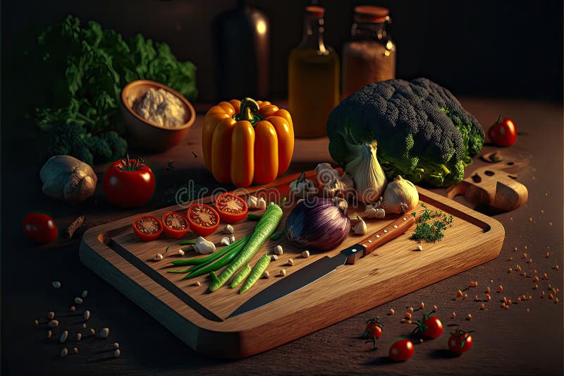 Generative AI Digital Art of Chopping Kitchen Board with Knife and