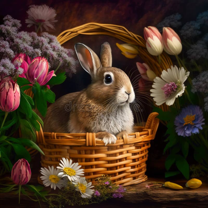 Generative AI. Easter Bunny in a Basket. Easter. Tulips. Easter